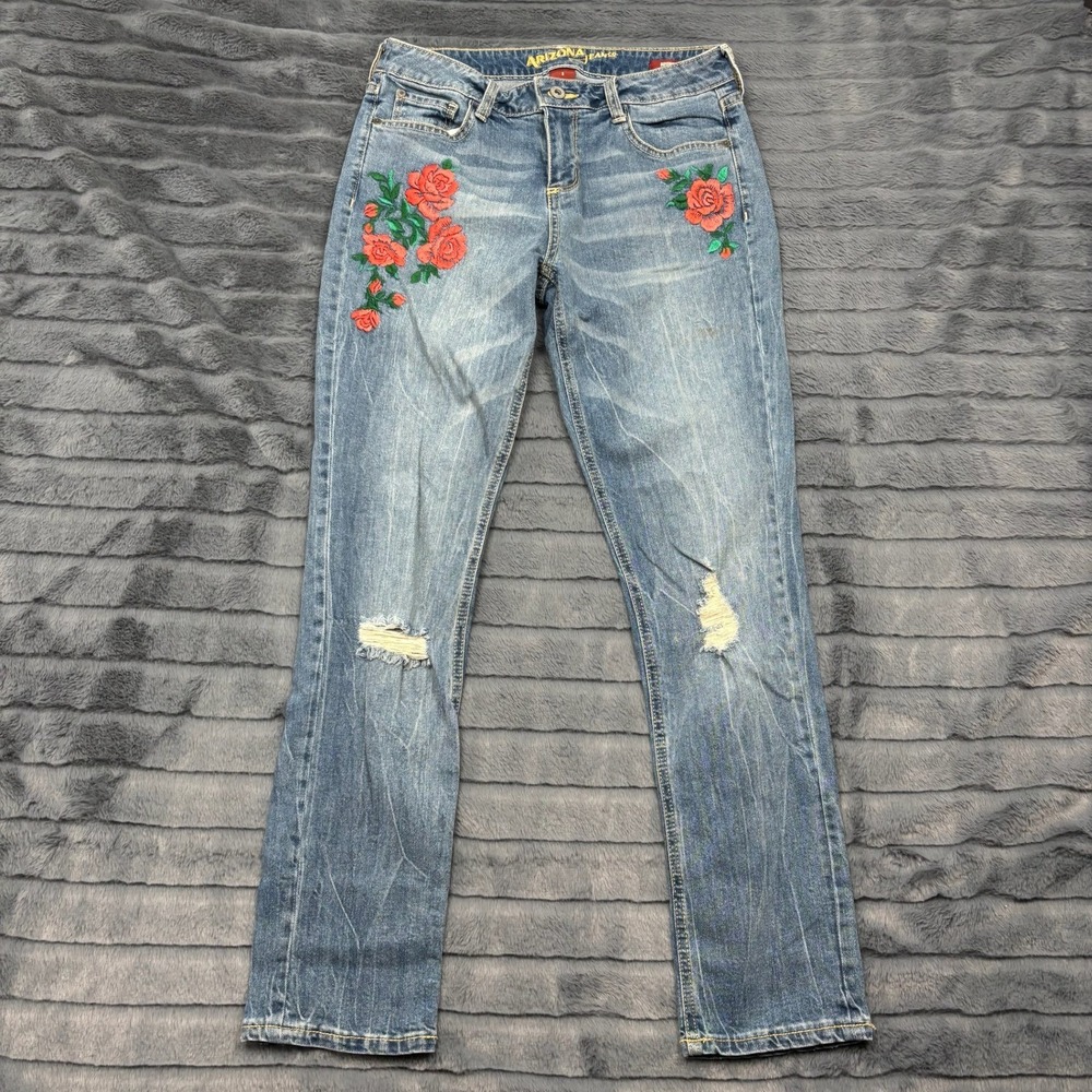 Arizona Jean Co Womens Boyfriend Jeans Size 5 Embroidered Rose Distressed Denim